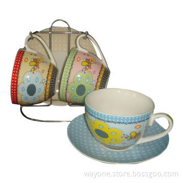 220cc Tea Cup and Saucer Set with Bees Design, Fashionable Shape and Metal Stand